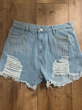 Light Blue Distressed Denim Shorts with Rhinestone Fringe